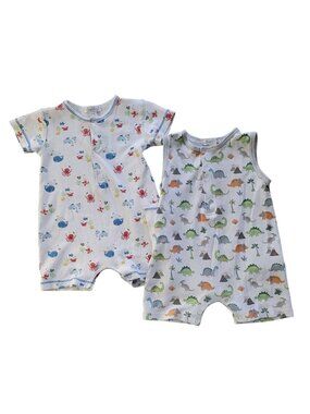 Kissy Kissy Boys Rompers x2 6-9M Dinosaurs Ocean One Piece Snap Pima Cotton READ